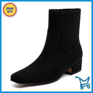 Chunky Low Heel Ankle Boots Square Toe Side Zipper Booties